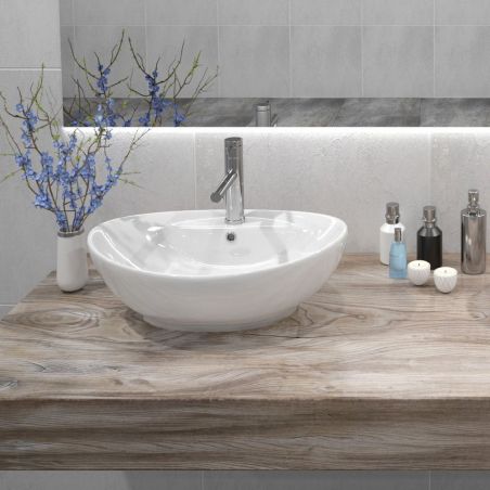 Lavoar EGO Cindy, Alb, lucios, 58.5x39cm, montaj pe blat, ceramica sanitara, cu gaura baterie si preaplin