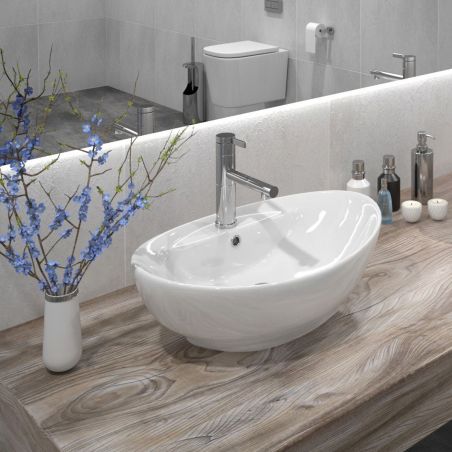 Lavoar EGO Cindy, Alb, lucios, 58.5x39cm, montaj pe blat, ceramica sanitara, cu gaura baterie si preaplin