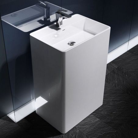 Lavoar stativ EGO 34, Alb, lucios, 50x42x90 cm, montaj podea, compozit marmura, cu gaura baterie si preaplin