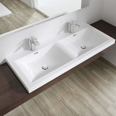 Lavoar Dublu EGO 03, Alb, lucios, 120 sau 144 cm lungime, compozit marmura, montaj semi-incastrat, cu doua gauri de baterie