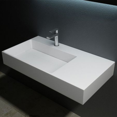 Lavoar EGO 12 L, Alb, 90x48 cm, compozit marmura, montaj pe blat sau suspendat, scurgere mascata, gaura baterie pe stanga