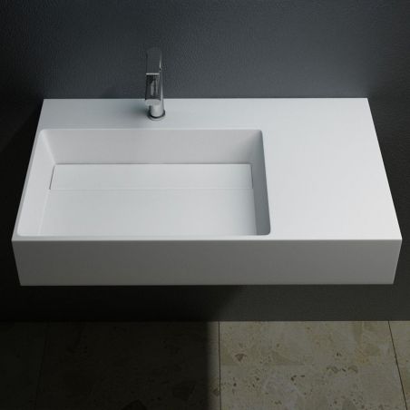 Lavoar EGO 12 L, Alb, 90x48 cm, compozit marmura, montaj pe blat sau suspendat, scurgere mascata, gaura baterie pe stanga