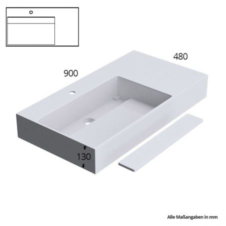 Lavoar EGO 12 L, Alb, 90x48 cm, compozit marmura, montaj pe blat sau suspendat, scurgere mascata, gaura baterie pe stanga