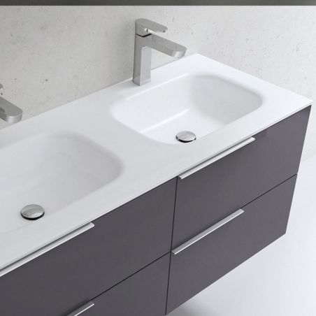Lavoar dublu EGO 04, Alb, lucios, 120 sau 144 cm, montaj  semi-incastrat, compozit marmura, cu doua gauri de baterie