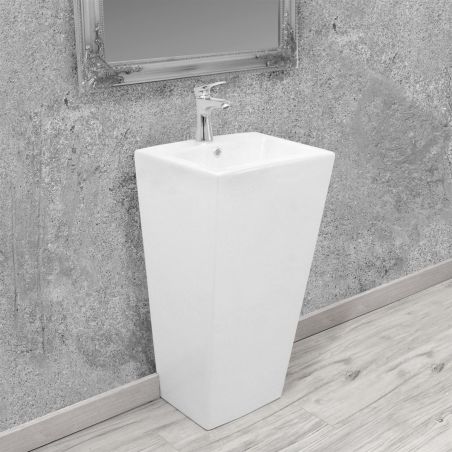 Lavoar stativ EGO Daria, Alb, lucios, 44x38x83cm, montaj podea, ceramica sanitara, gaura baterie si preaplin Lavoar stativ EGO Daria, Alb, lucios, 44x38x83cm, montaj podea, ceramica sanitara, gaura baterie si preaplin