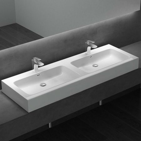 Lavoar dublu EGO 830, Alb, lucios, 140x48 cm, montaj pe blat sau suspendat, compozit marmura, cu doua gauri de baterie
