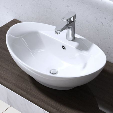 Lavoar EGO 302, Alb, lucios, 59x39 cm, ceramica sanitara, montaj pe blat, cu gaura baterie si preaplin