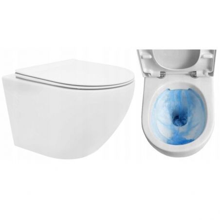 Vas WC suspendat CARLO Mini, Rimless, Alb, Slim Flat, cu capac soft-close inclus, ceramica sanitara, 49x37 cm
