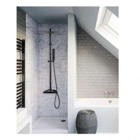 Sistem complet de dus REA-Milan, baterie termostatata, ploaie de dus 25x25cm, finisaj negru mat