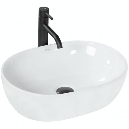 Lavoar Amelia, oval, 48x34 cm, montaj pe blat, ceramica sanitara alba, fara gaura baterie