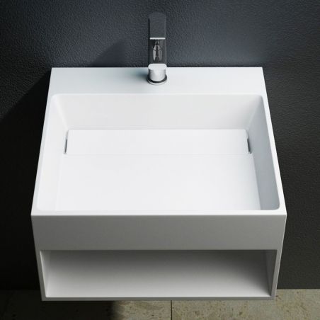 Lavoar EGO 13, Alb, lucios, 50x50 cm, montaj suspendat sau pe blat, compozit marmura, gaura baterie, scurgere ascunsa