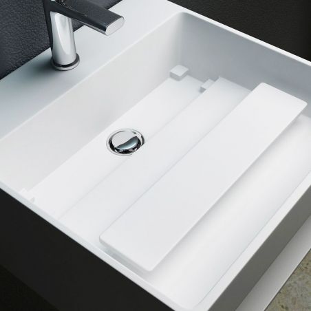 Lavoar EGO 13, Alb, lucios, 50x50 cm, montaj suspendat sau pe blat, compozit marmura, gaura baterie, scurgere ascunsa