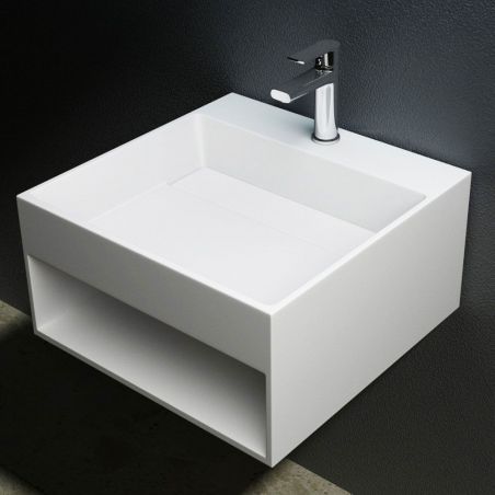 Lavoar EGO 13, Alb, lucios, 50x50 cm, montaj suspendat sau pe blat, compozit marmura, gaura baterie, scurgere ascunsa