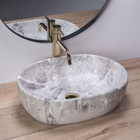 Lavoar REA Lara Stone, Gri, mat, finisaj piatra, 48.5x35 cm, montaj pe blat, ceramica sanitara