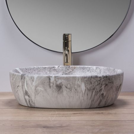 Lavoar REA Lara Stone, Gri, mat, finisaj piatra, 48.5x35 cm, montaj pe blat, ceramica sanitara