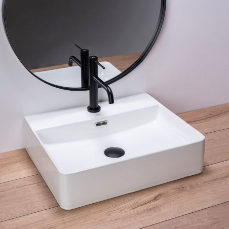 Lavoar REA Gina 50, Alb, lucios, 50x42.5 cm, montaj pe blat, ceramica sanitara, cu gaura baterie si preaplin