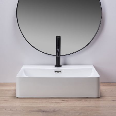 Lavoar REA Gina 50, Alb, lucios, 50x42.5 cm, montaj pe blat, ceramica sanitara, cu gaura baterie si preaplin