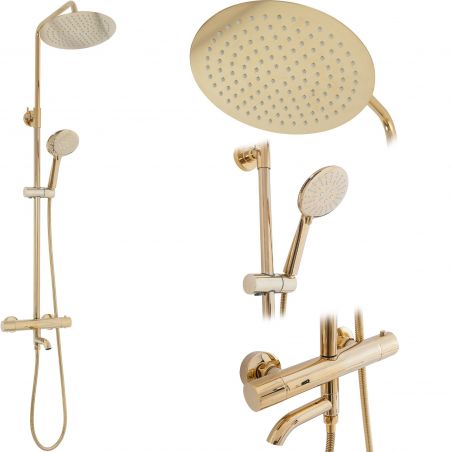 Sistem dus cu termostat REA-Lungo Gold, dus tip ploaie 25x25 cm, montaj pe perete, dus de mana, finisaj Gold