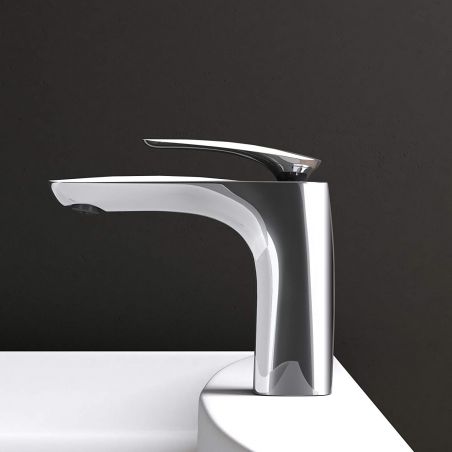 Baterie lavoar EGO-Brandi Chrome Low, montaj pe lavoar, finisaj Crom, perlator aer, design deosebit