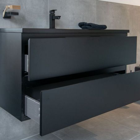 Set mobilier baie Zakia cu lavoar ceramica sanitara, 100 cm, Negru Mat, sertare fara manere, inchidere Soft Close