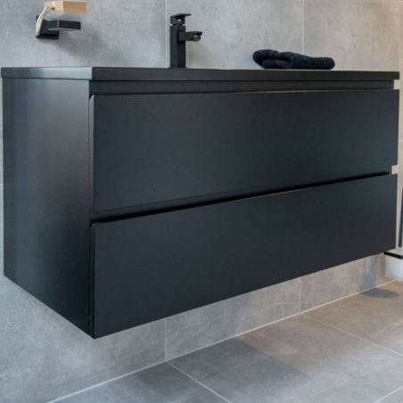 Set mobilier baie Zakia cu lavoar ceramica sanitara, 100 cm, Negru Mat, sertare fara manere, inchidere Soft Close