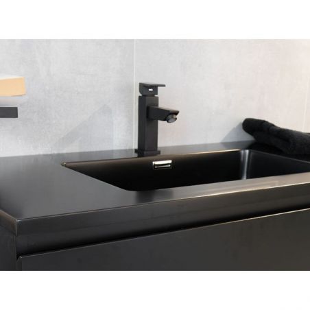Set mobilier baie Zakia cu lavoar ceramica sanitara, 100 cm, Negru Mat, sertare fara manere, inchidere Soft Close