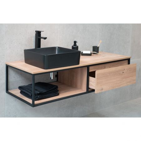 Mobilier de baie fara lavoar, MDF, cadru metal, 120 si 140 x 50 cm, sertar cu soft close, stejar