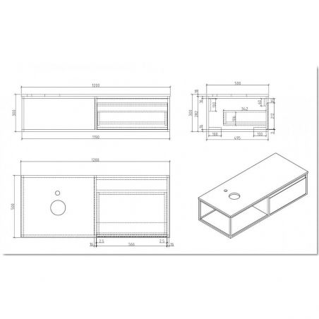 Mobilier de baie fara lavoar, MDF, cadru metal, 120 si 140 x 50 cm, sertar cu soft close, stejar
