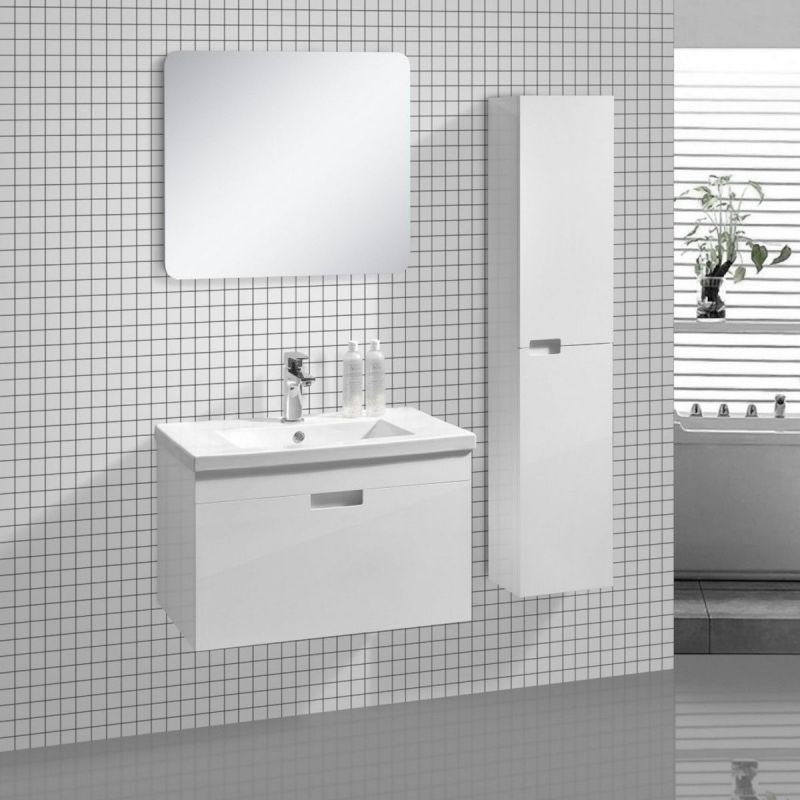 Set mobilier baie cu lavoar, dulap lateral si oglinda , Alb Lucios, cm