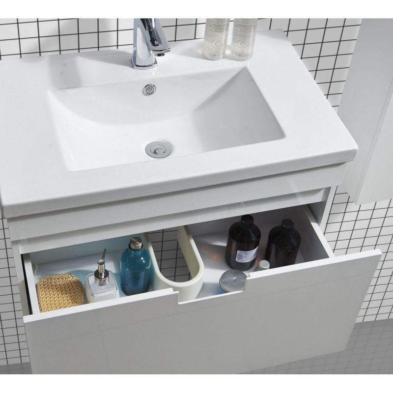 Set mobilier baie cu lavoar, dulap lateral si oglinda , Alb Lucios, cm