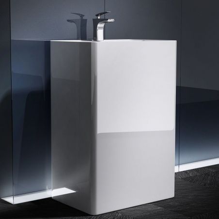Lavoar stativ EGO 34, Alb, lucios, 50x42x90 cm, montaj podea, compozit marmura, cu gaura baterie si preaplin