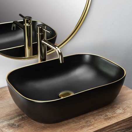 Lavoar REA Belinda Black Matt Gold Edge, Negru, mat, 46.5x33 cm, montaj pe blat, ceramica sanitara
