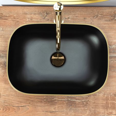 Lavoar REA Belinda Black Matt Gold Edge, Negru, mat, 46.5x33 cm, montaj pe blat, ceramica sanitara