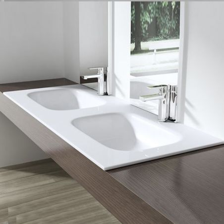 Lavoar dublu EGO 04, Alb, lucios, 120 sau 144 cm, montaj  semi-incastrat, compozit marmura, cu doua gauri de baterie