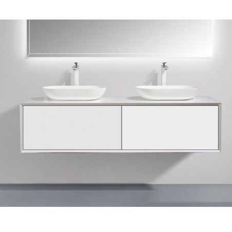 Mobilier de baie EGO-BELLA  prevazut cu doua lavoare din compozit mineral, MDF, 180 x 55 cm, Alb Mat, Push to open