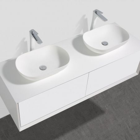 Mobilier de baie EGO-BELLA  prevazut cu doua lavoare din compozit mineral, MDF, 180 x 55 cm, Alb Mat, Push to open