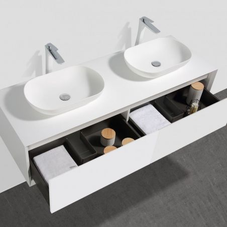 Mobilier de baie EGO-BELLA  prevazut cu doua lavoare din compozit mineral, MDF, 180 x 55 cm, Alb Mat, Push to open