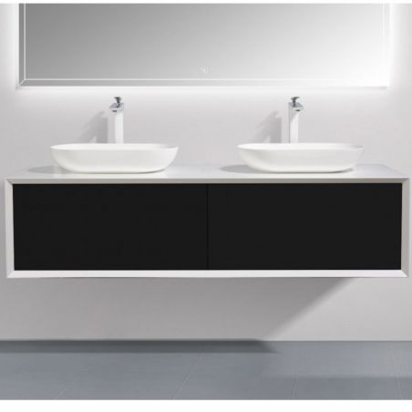 Mobilier de baie EGO-BELLA cu doua lavoare din compozit mineral, 180 x 55 cm, Negru Mat, sertar Push to open