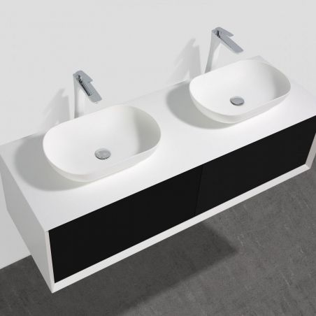 Mobilier de baie EGO-BELLA cu doua lavoare din compozit mineral, 180 x 55 cm, Negru Mat, sertar Push to open