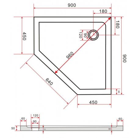 Cadita dus Ego Anteros,acril sanitar, forma pentagonala, negru, inaltime de 5 cm, dimensiuni 90x90 sau 100x100 cm