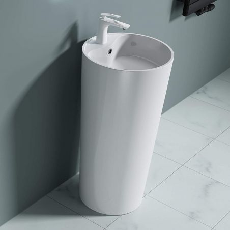 Lavoar stativ EGO 35, Alb, lucios, 44.5x44.5x90 cm, montaj podea, compozit marmura, cu gaura de baterie si preaplin
