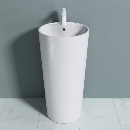 Lavoar stativ EGO 35, Alb, lucios, 44.5x44.5x90 cm, montaj podea, compozit marmura, cu gaura de baterie si preaplin
