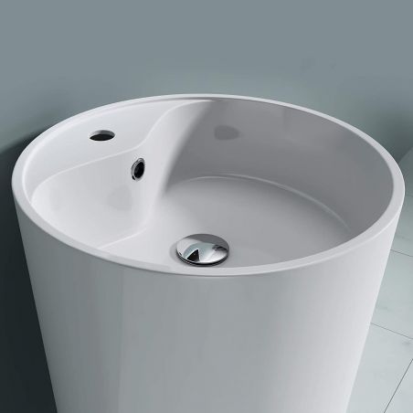 Lavoar stativ EGO 35, Alb, lucios, 44.5x44.5x90 cm, montaj podea, compozit marmura, cu gaura de baterie si preaplin