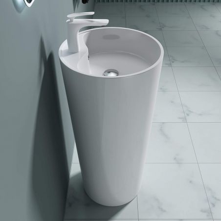 Lavoar stativ EGO 35, Alb, lucios, 44.5x44.5x90 cm, montaj podea, compozit marmura, cu gaura de baterie si preaplin