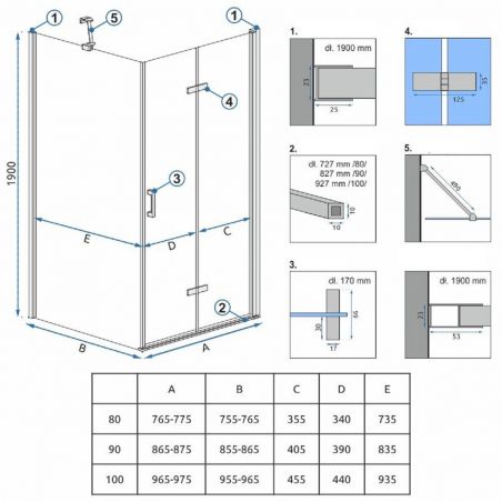 Cabina dus REA-Molier, perete fix si usa pliabila, sticla securizata 6 mm, 90x90x190 cm, Easy Clean