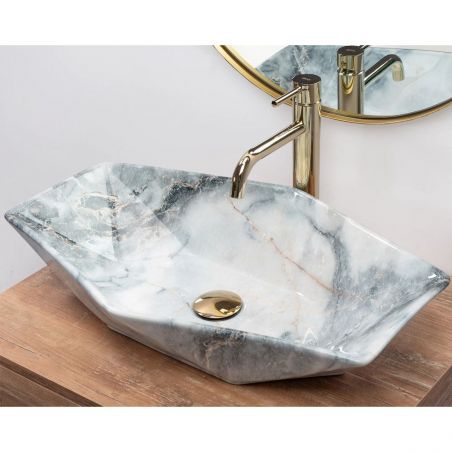 Lavoar hexagonal REA Vegas Granit, lucios, finisaj granit, 57x37 cm, montaj pe blat, ceramica sanitara