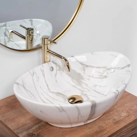 Lavoar EGO Wendy Marmo, lucios, finisaj marmura, 59.5x39 cm, montaj pe blat, ceramica sanitara, cu preaplin