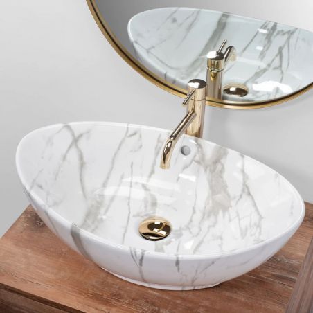 Lavoar EGO Wendy Marmo, lucios, finisaj marmura, 59.5x39 cm, montaj pe blat, ceramica sanitara, cu preaplin