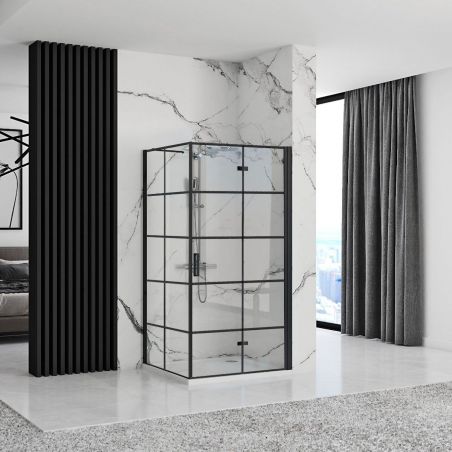 Cabina dus REA-Molier Black, perete fix si usa pliabila, sticla securizata 6 mm, 80-90 x 90 x190 cm, Easy Clean