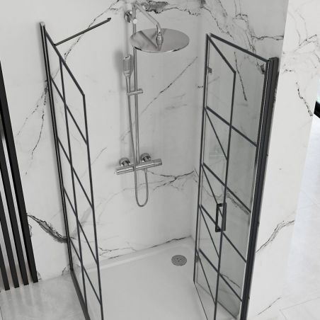 Cabina dus REA-Molier Black, perete fix si usa pliabila, sticla securizata 6 mm, 80-90 x 90 x190 cm, Easy Clean